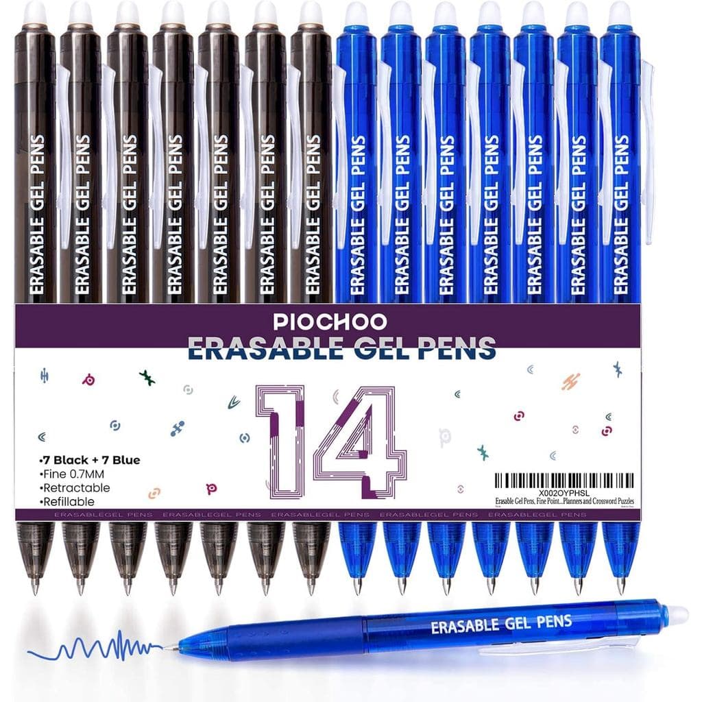 Canetas Gel Apagáveis Piochoo de 14 Cores, Ponta Fina, Canetas Retráteis com Mecanismo de Clique, 7 Tintas Pretas/7 Azui