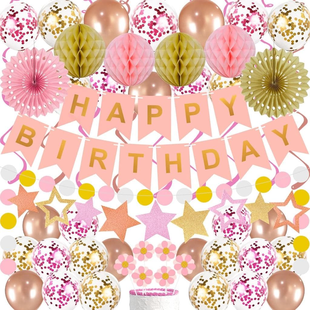 65 Peças de Decorações de Aniversário: Faixa de Feliz Aniversário, Balões Rosa e Dourado Rosé, Bolas de Papel em Forma d
