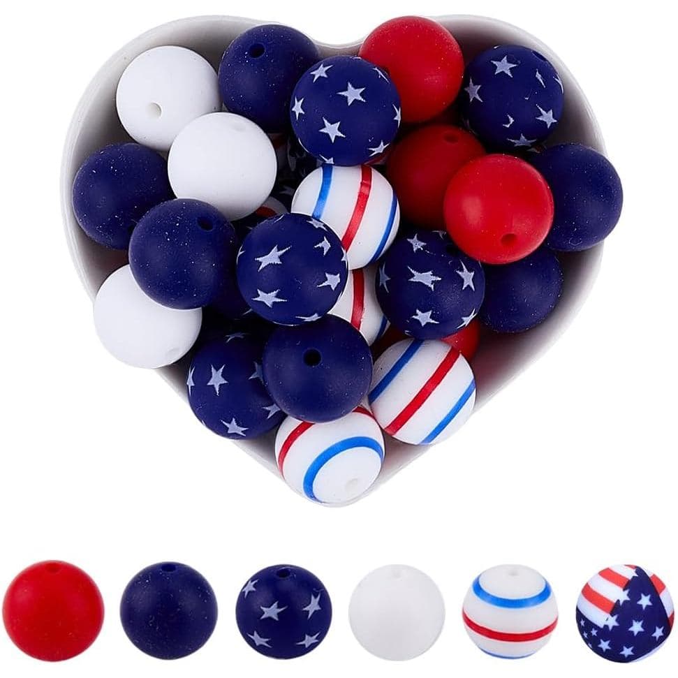 1 Caixa com 60 Peças de 6 Estilos de Contas de Silicone Patrióticas para o 4 de Julho, Contas de Silicone de 15mm para o