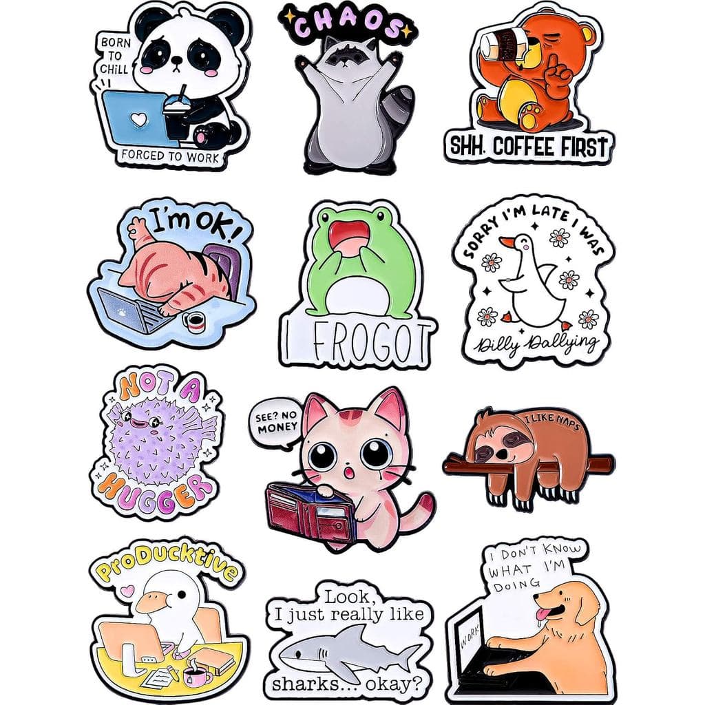Conjunto de Pins de Lapela de Animais Engraçados em Esmalte, 12 Emblemas de Metal com Frases Irônicas, Colecionáveis Fof