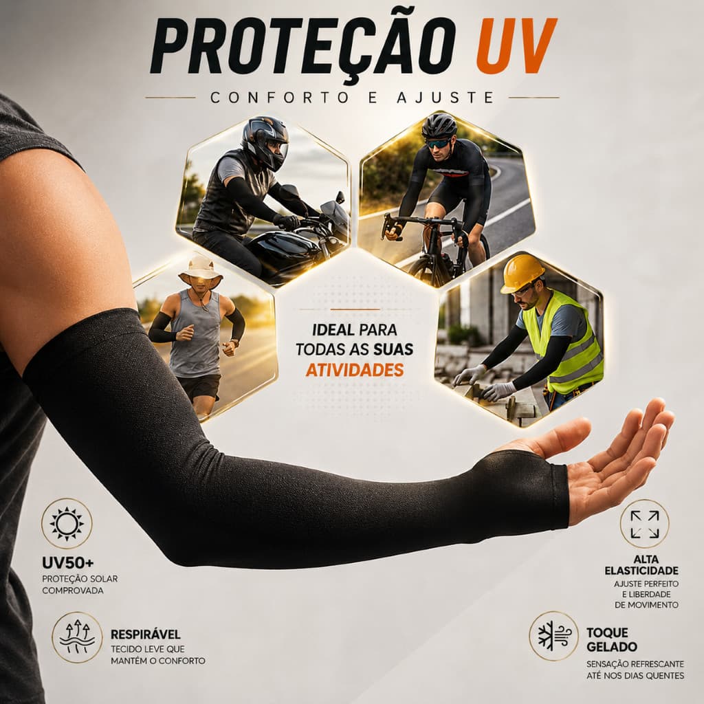 Manguito Preto UV50 Par Manga Mangote Dedo Proteção Solar Braço Moto Bike Corrida Ciclismo Pesca Vôlei Unissex