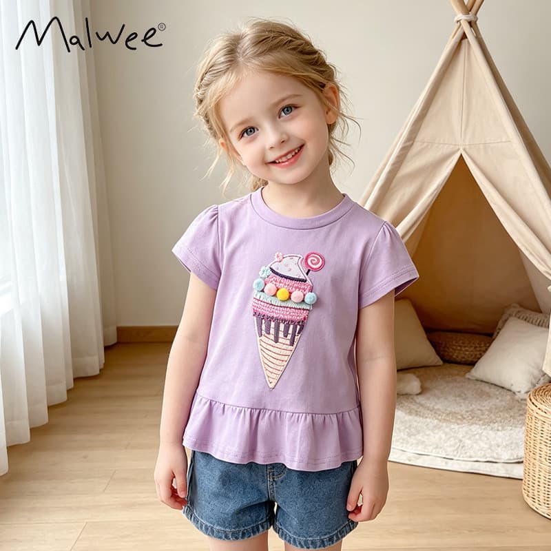 Camiseta de manga curta Malwee para meninas, corte solto, novo estilo de verão, adequada para meninas jovens, disponível