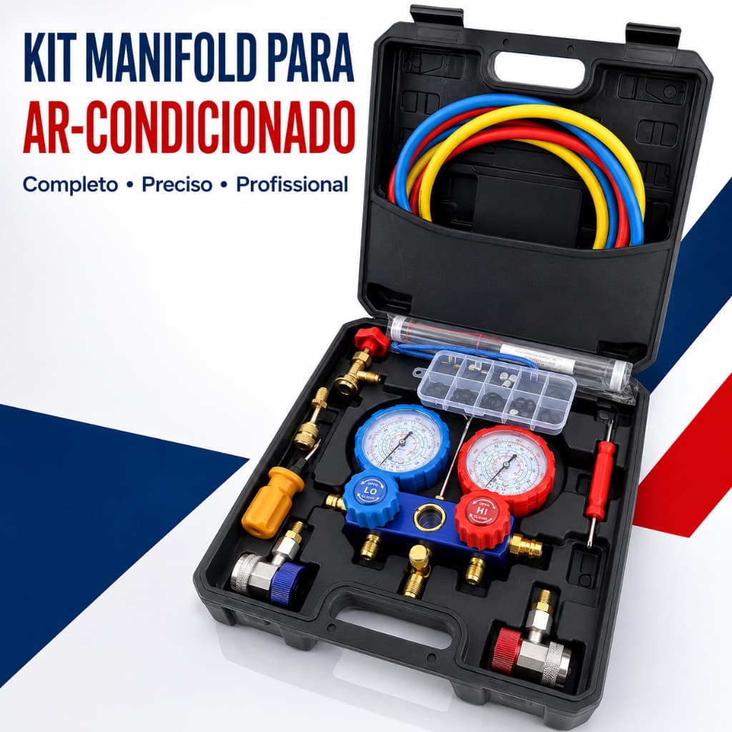 Manifold de Refrigeração Automotivo com Mangueiras 1,5m e Caixa – Para R134a, R22 e R410a