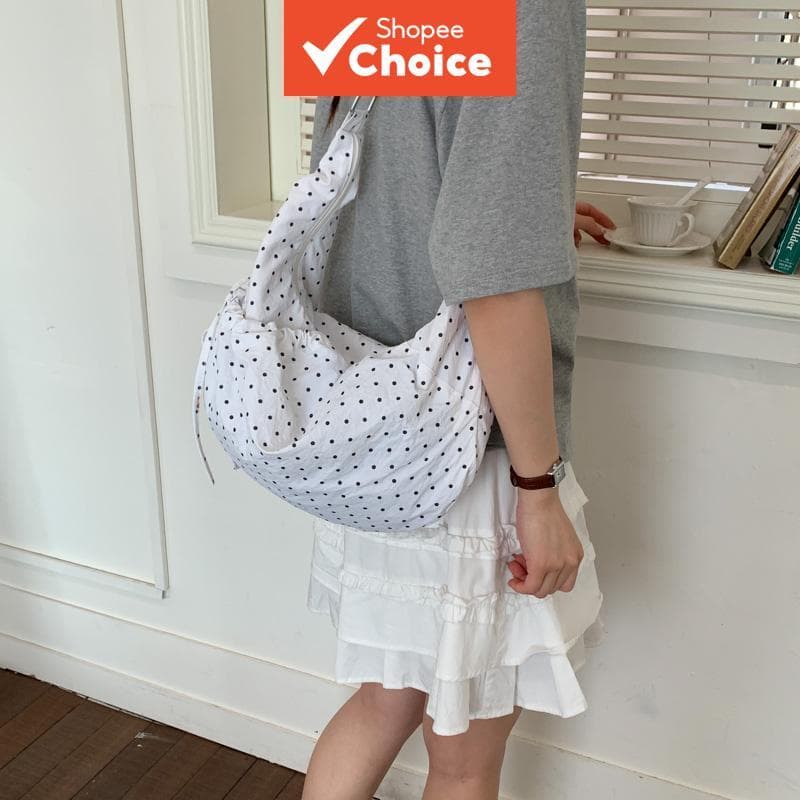 Bolsa Hobo de Bolinhas Fofas para Mulheres, Bolsa Tiracolo de Grande Capacidade, Bolsa Tote Casual com Cordão