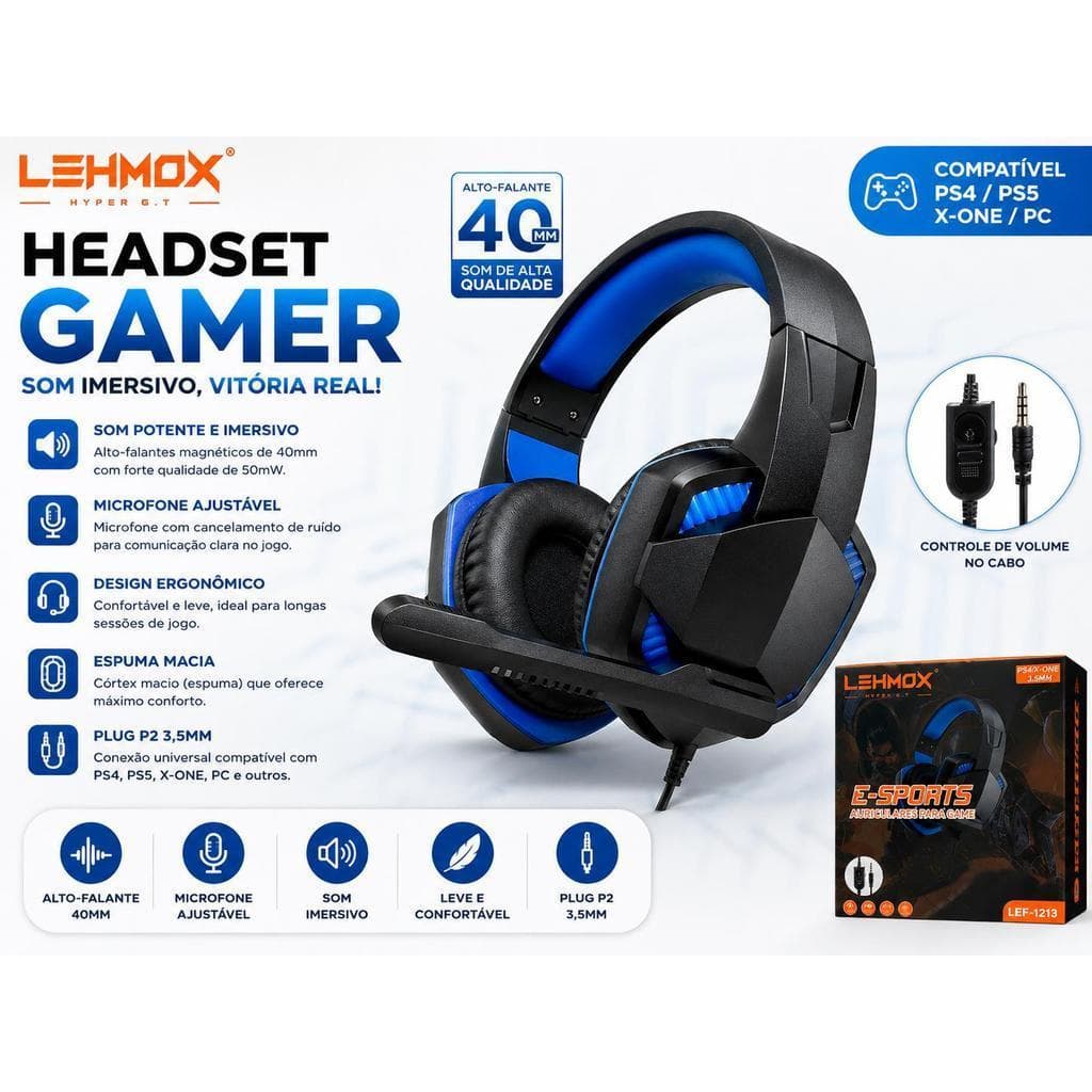 Headset Gamer Lehmox LEF-1213 P2 3.5mm Microfone Ajustável PS4 PS5 Xbox One PC