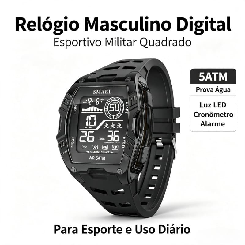relógio masculino digital esportivo militar multifuncional quadrado 5atm prova agua calendário semana luz led cronômetro