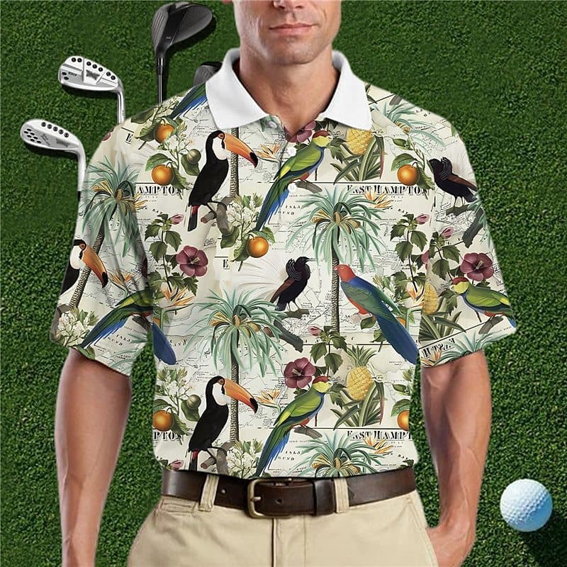 Camisa Polo masculina com botão, camisa de lapela, camisa de golfe, estampa de coqueiro, papagaio, rua, manga curta, 268