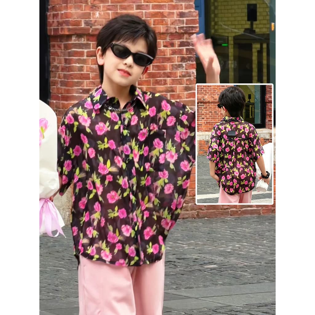 Meninos camisa Floral de manga curta verão camisa fina 2026 novo estilo na moda grandes crianças vestido de verão Puffer
