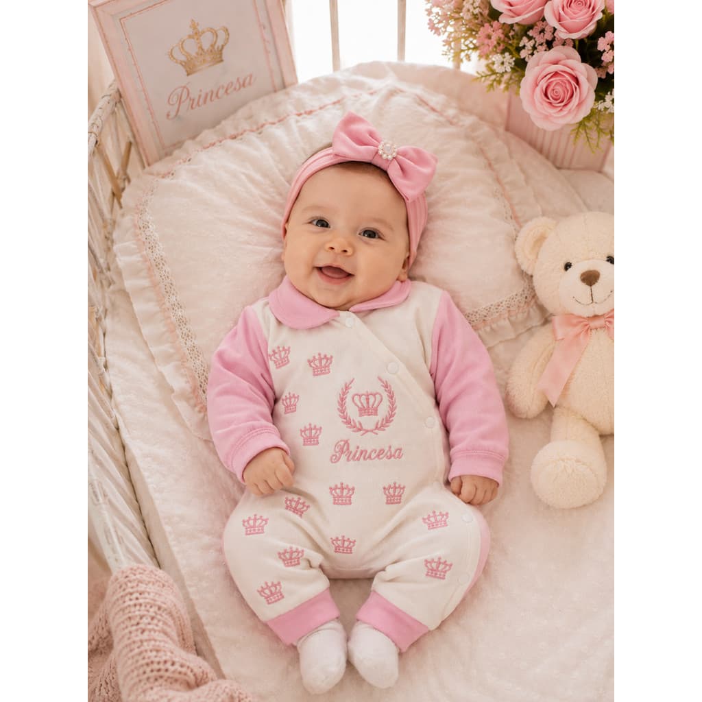 Kit Maternidade Bebê Menina Princesa 5 Peças | Macacão e Pagão Bordados para Recém-Nascida