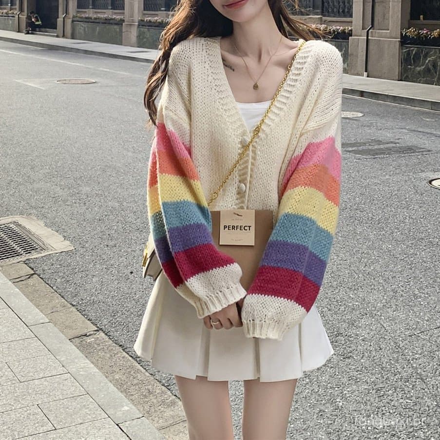 Doce estilo feminino arco-íris listrado com decote em V Cardigan de malha feminino estilo coreano outono inverno suave m