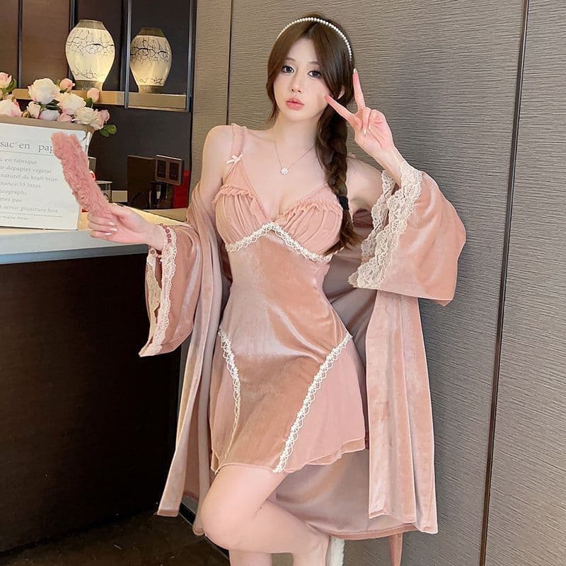 Pijama com almofada no peito, dois conjuntos de manga comprida, veludo dourado, renda, camisola, roupa de dormir, dois c