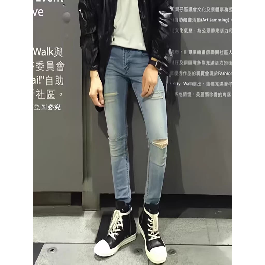 Recomendado!G GD Jeans Rasgados Homens am Estilo Slim-fit Stretch High Street Beggar Calças slp Calças Retro