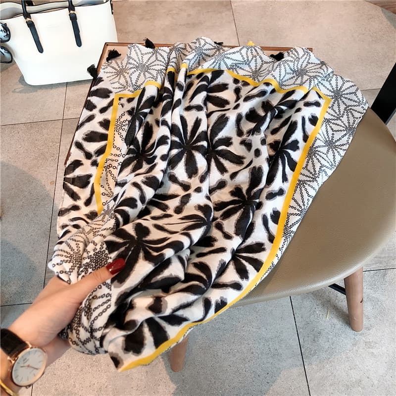 Folha preta lenço de seda feminino verão protetor solar xale gaze fina ar condicionado cachecol flor primavera outono al