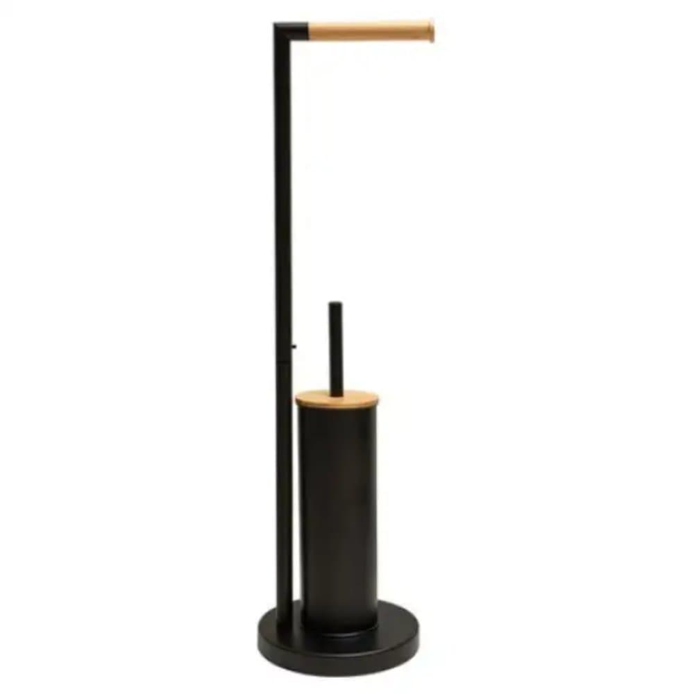 Suporte Papel Higiênico com Escova Sanitária Clink Ferro Bambu Preto