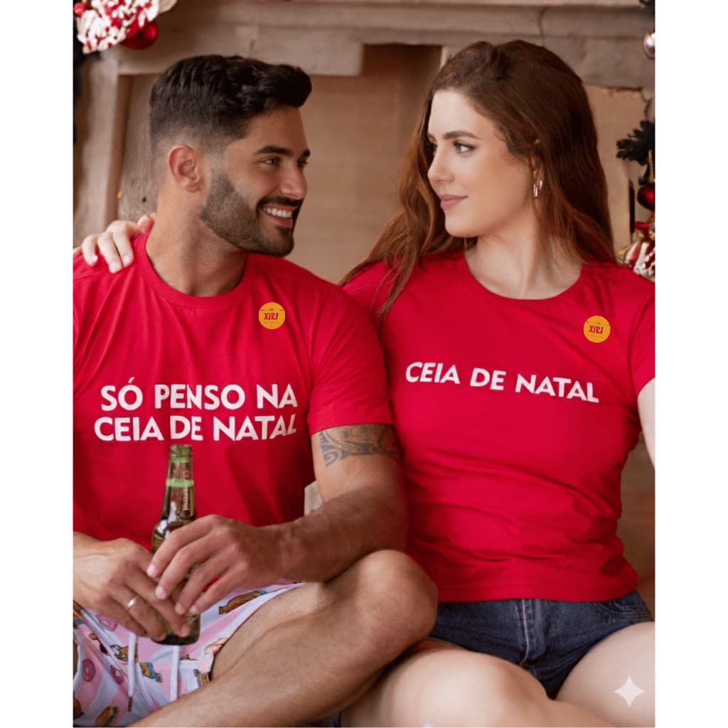 Camisetas Conjunto Kit 2 Casal Kit Natal Engraçado Meme Ele/Ela "Só penso na ceia" 100% Algodão