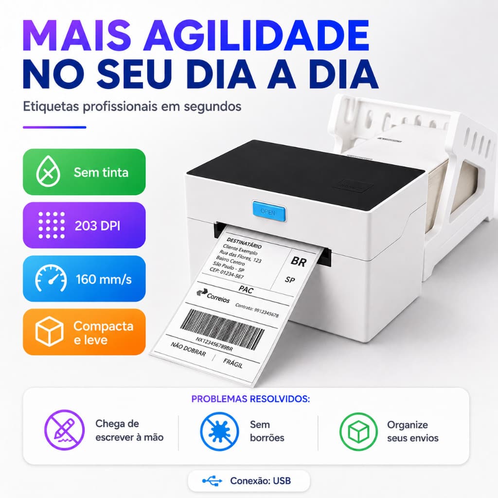 Impressora Térmica de Etiquetas USB 110mm 203DPI com Suporte Impressão Rápida Sem Tinta