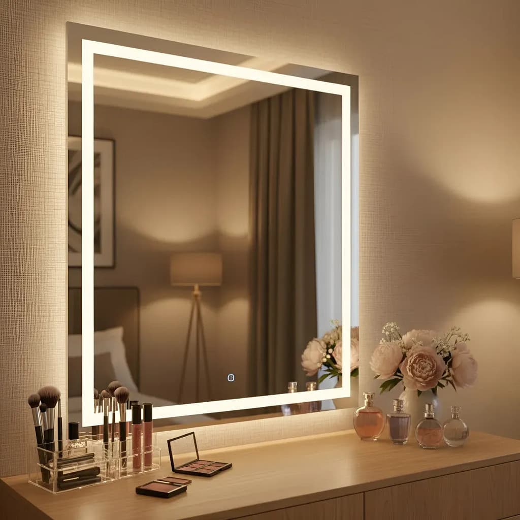 Espelho Retangular 40x60cm com LED 3 Cores e Botão Touch, Jateado, Decorativo para Banheiro Quarto Presente