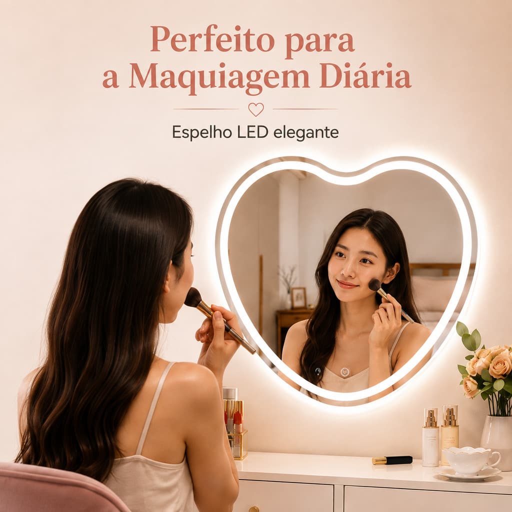 Espelho LED Coração Para Quarto,3 Cores De Luz Touch,Anti‑estilhaço Bivolt,Instalação Mural