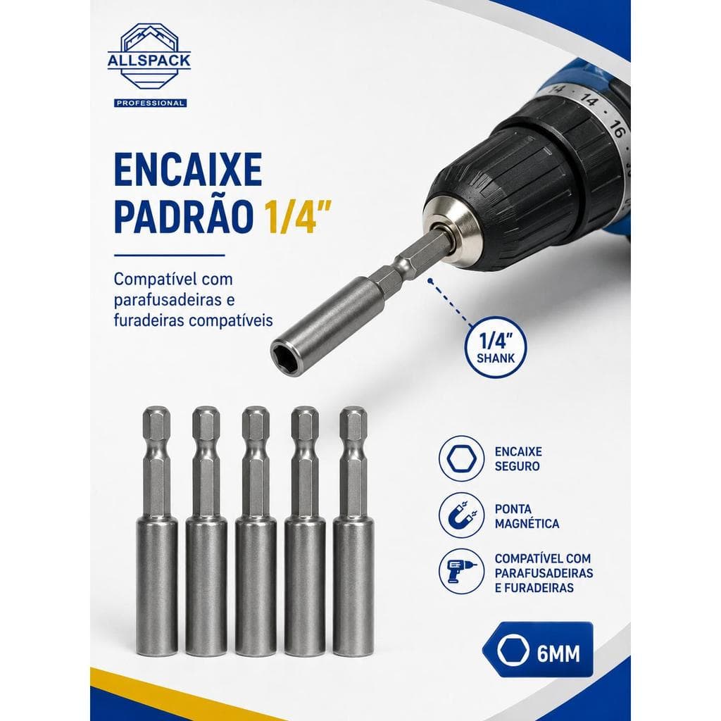 Jogo 5 Adaptadores Soquete Sextavado 6mm Magnético P/ Furadeira e Parafusadeira 1/4