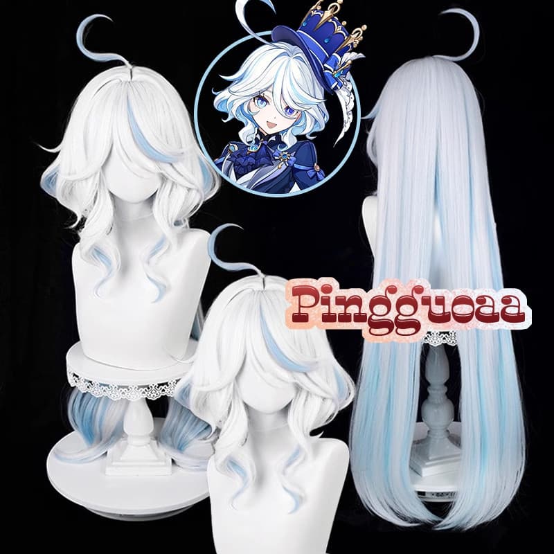 Peruca de Cosplay Genshin Impact Fontaine Focalors 100cm de Comprimento, Cores Mistas Prata, Branco e Azul, Cabelo Sinté