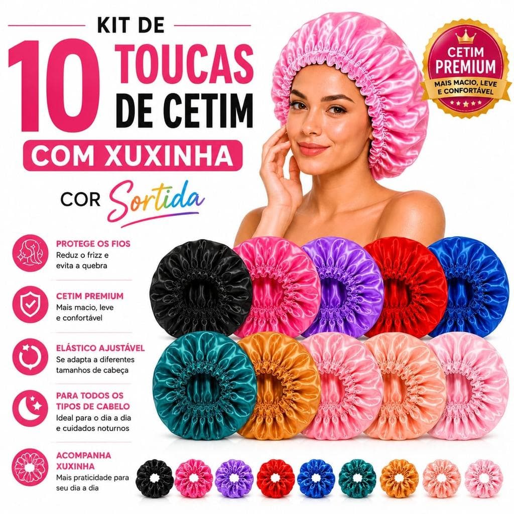 Touca de Cetim Premium com Xuxinha - Kit 10 Toucas + 10 Xuxinhas (Cores Sortidas) - Tamanho Único