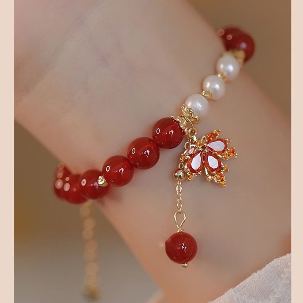 Nova pulseira de folha de bordo e feijão vermelho para mulheres, pulseira de contas de vidro com alto valor estético, de