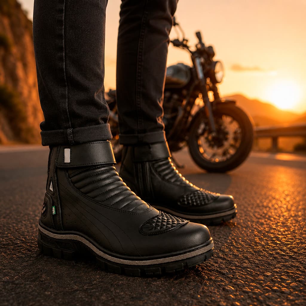 Bota Motociclista Torque Masculina Couro Ecológico Premium Refletiva Segurança Conforto Extremo Solado Antiderrapante