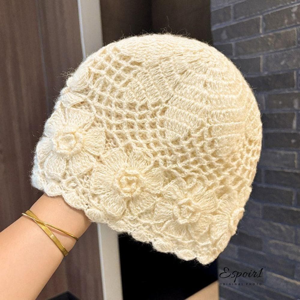 Chapéu De Malha Feito À Mão POIR1M , Gorro De Crochê Quente Com Flores , Pescador Doce Oco De Camada Dupla