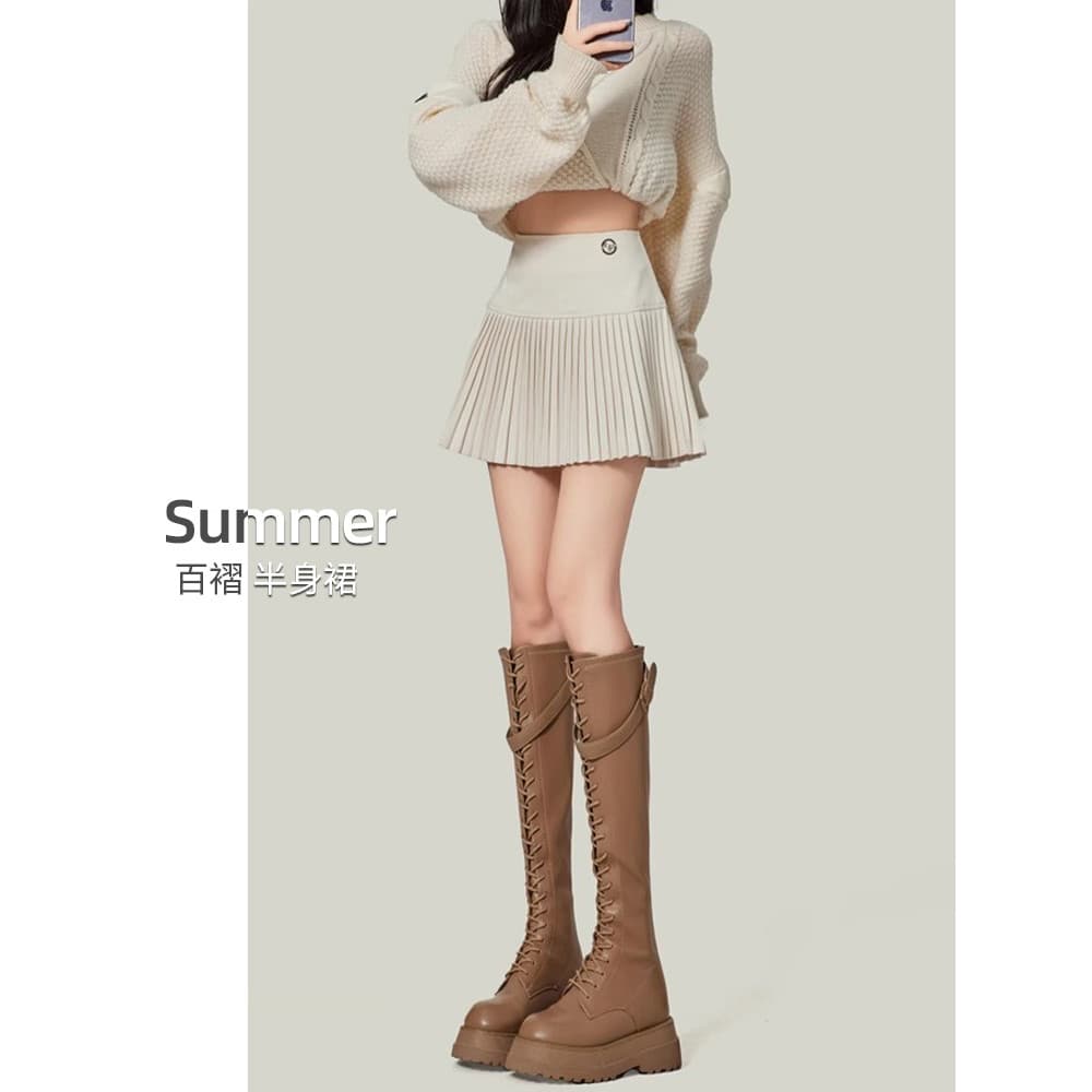 Zhang Yuanying mesmo estilo damasco saia plissada feminina outono inverno 2026 novo estilo cintura alta mais magro olhar