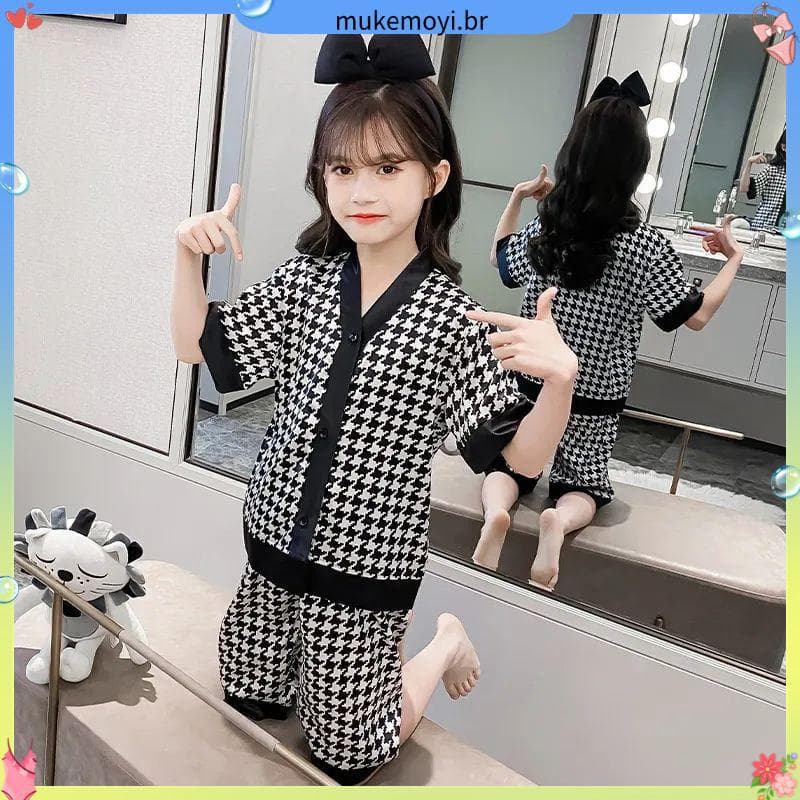 Pijamas infantis verão versão coreana de manga curta meninas Homewear terno solto gelo seda Houndstooth médio grande cri