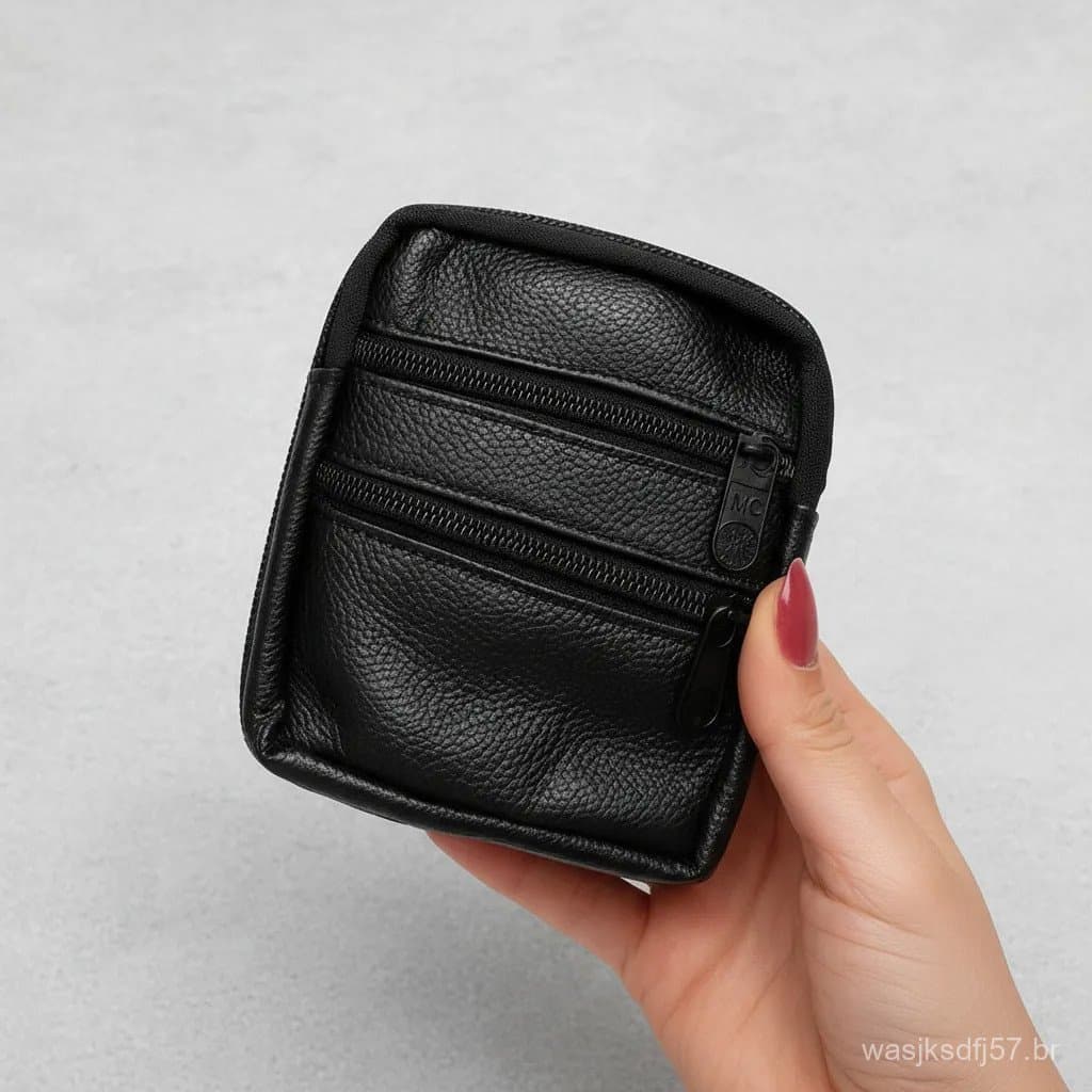 Grande porta-moedas de couro genuíno com 3 zíperes, FN Couro