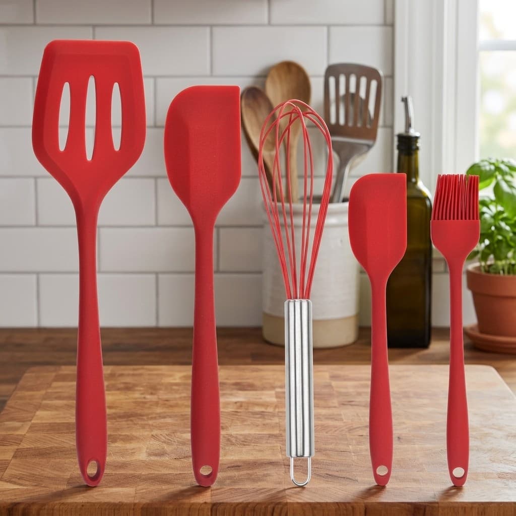 Jogo De Utensílios Culinários Em Silicone 5 Peças Colher Espátula Pincel Fouet Não Queima Não Arranha Panelas