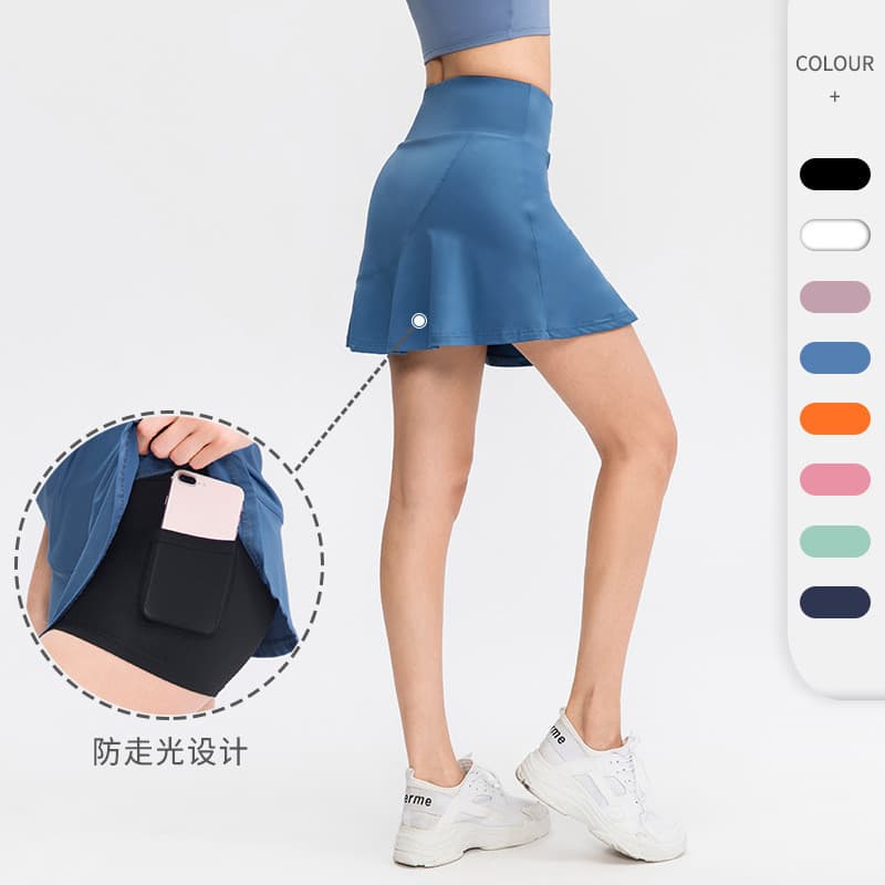 Senhoras esportes saia curta solta falso de duas peças Anti-iluminação de secagem rápida correndo tênis Fitness Culottes