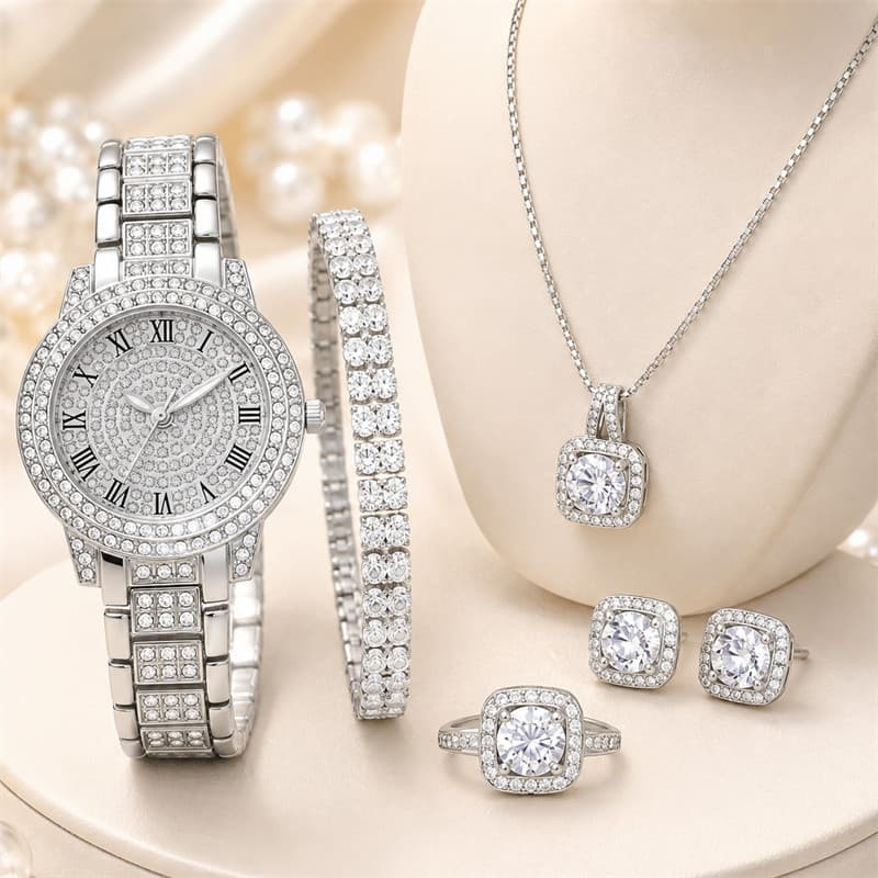 Kit 5 Peças Relógio Feminino Prata com Colar Pulseira Brincos Anel Ponto de Luz Quadrado