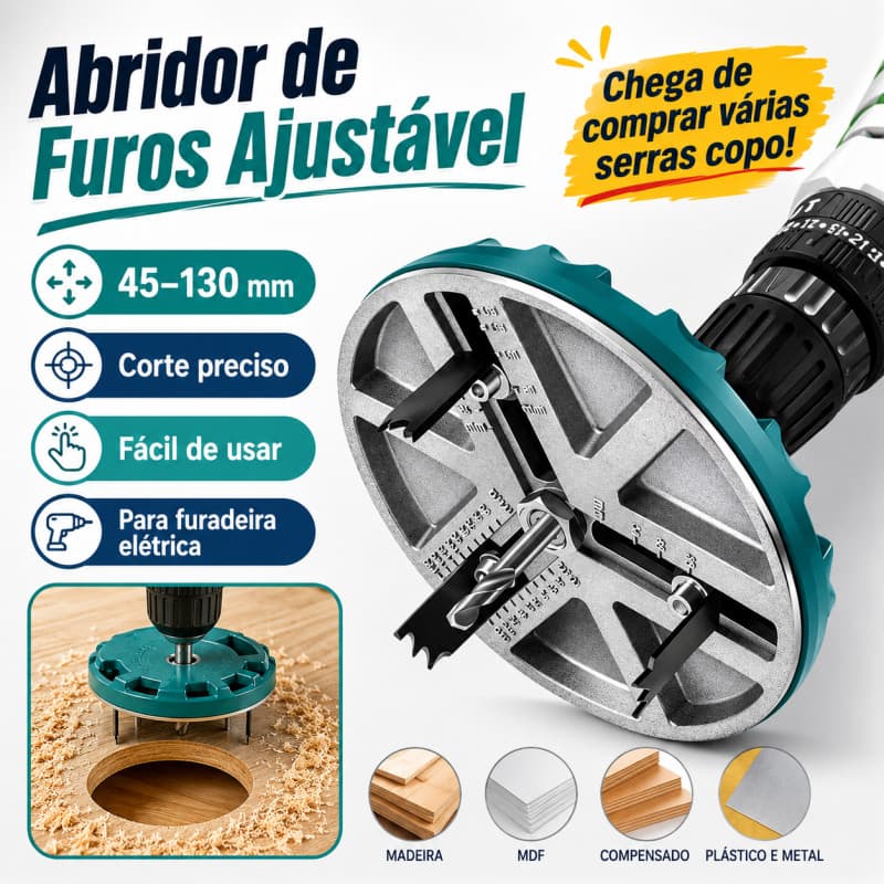 Serra Copo Ajustável 45-130mm 3 Lâminas com Broca Guia para Madeira MDF Gesso Drywall e PVC