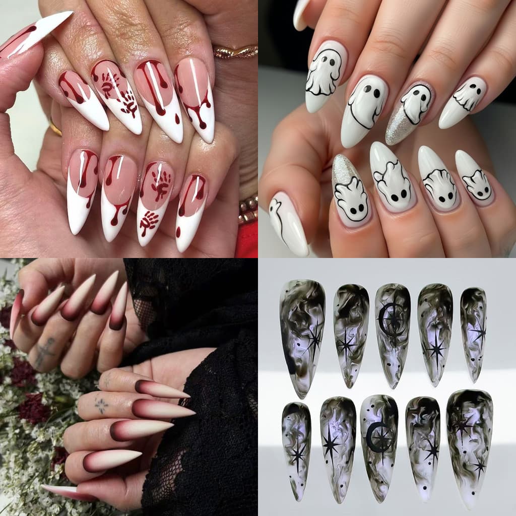 24 peças de unhas postiças minimalistas e fofas com tema de fantasma para Halloween, unhas falsas divertidas para festas