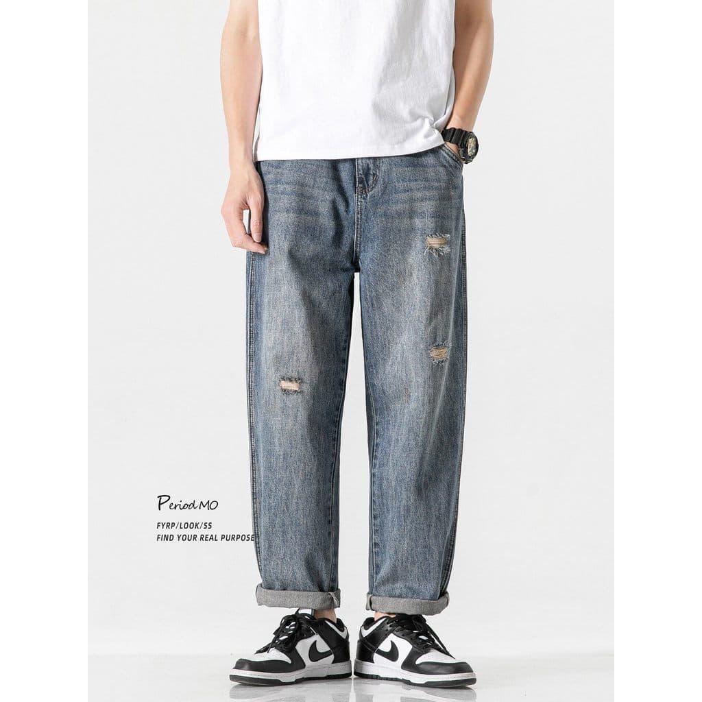 FYRP FYRP Bonito Jeans Rasgado Homens Street Wear Primavera Verão Estilo Fino Solto Reto Tornozelo-Leg Calças de mendigo