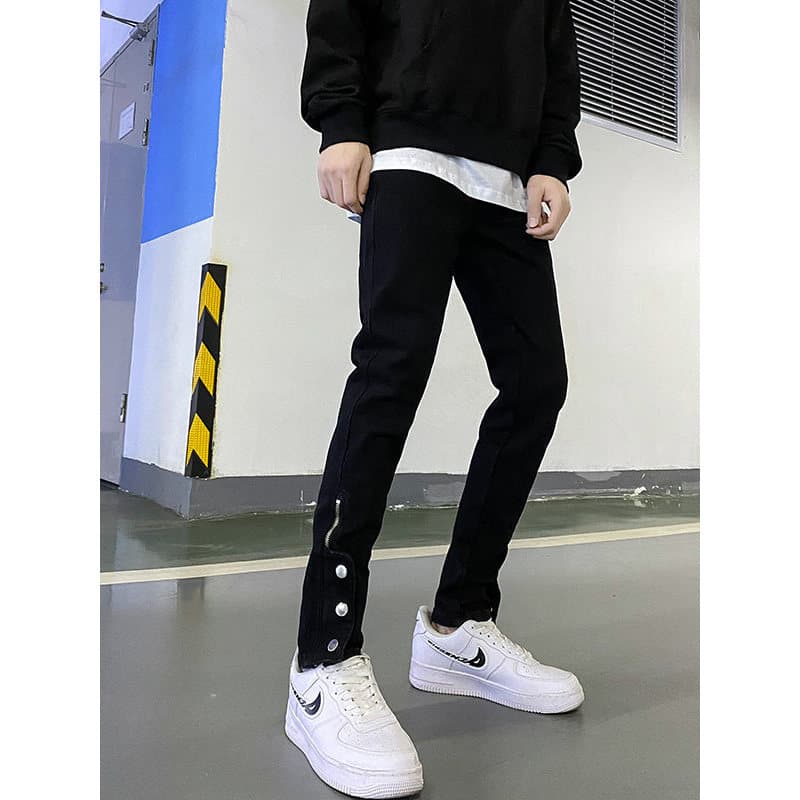Calças de brim americanas masculinas Slim-fit rufião bonito preto calças com zíper masculino High Street rasgado calças