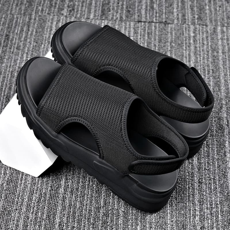 Malha Casual romana sapatos de praia masculino 2025 novo estilo aumentado sola grossa oco respirável exterior usar sandá
