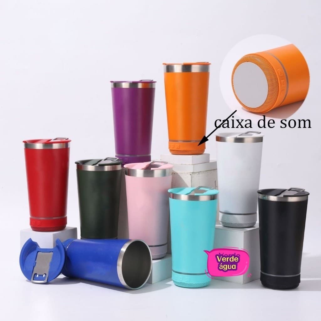 Copo térmico inox com tampa abridor e caixa de som com bluetooth Led CH75