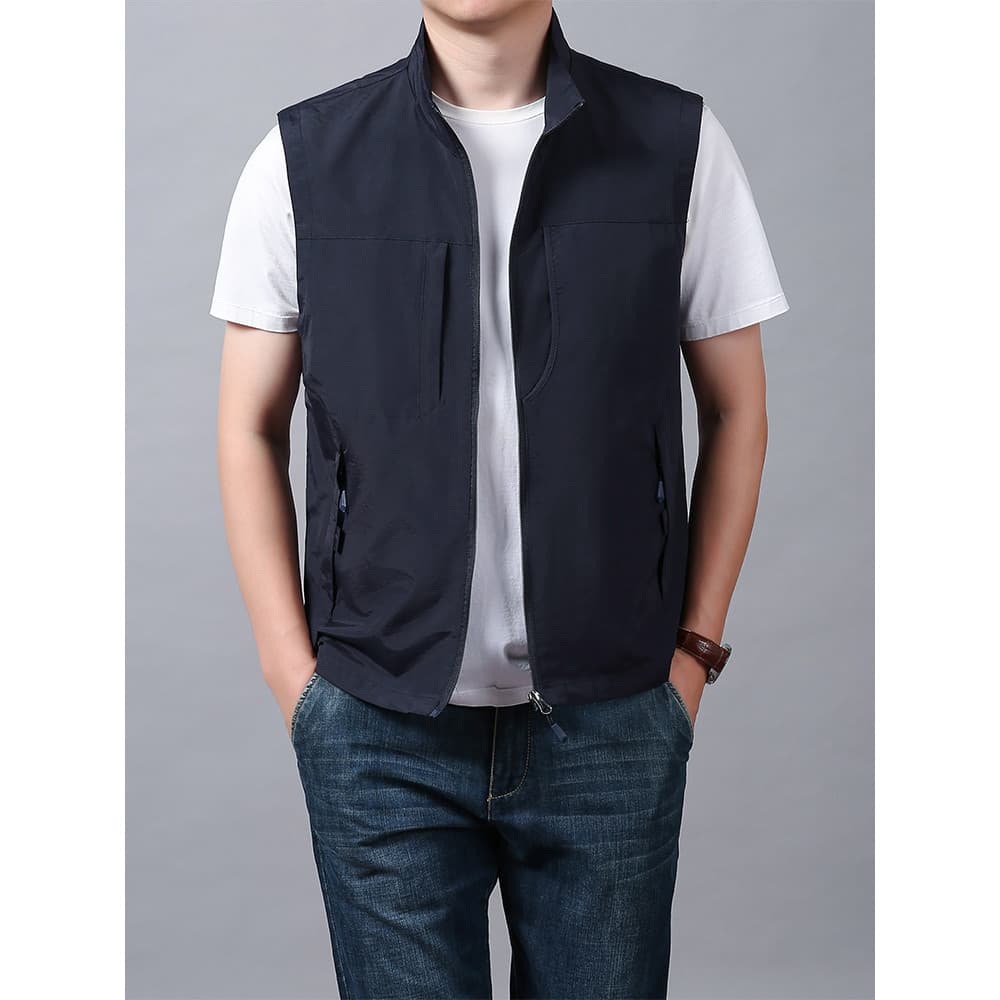 Colete ao ar livre masculino verão fino gola alta solto colete sem mangas jaqueta Casual Multi-bolso colete masculino