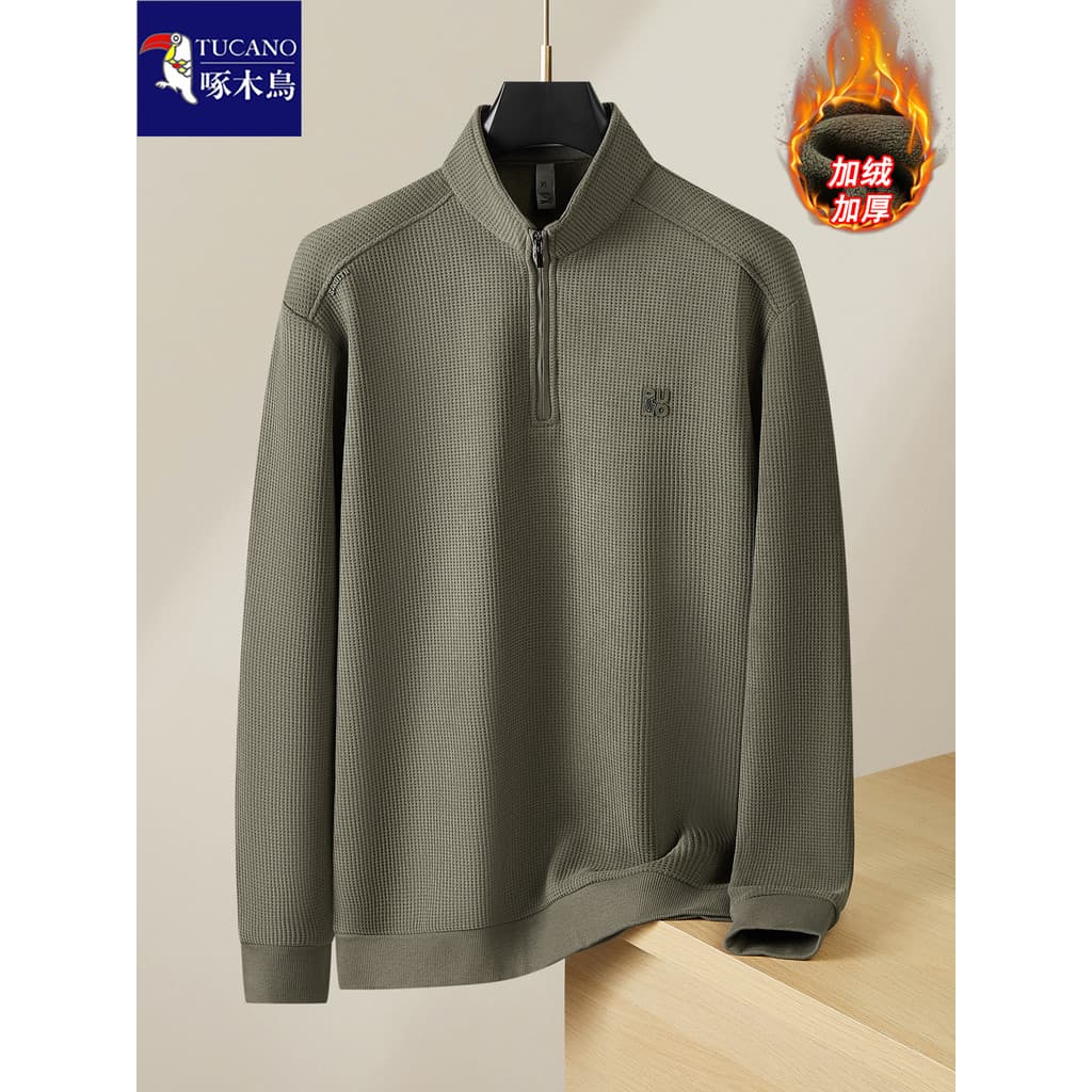 Woodpecker plus Size masculino meio zíper mais veludo gola alta camiseta outono inverno solto Casual longo