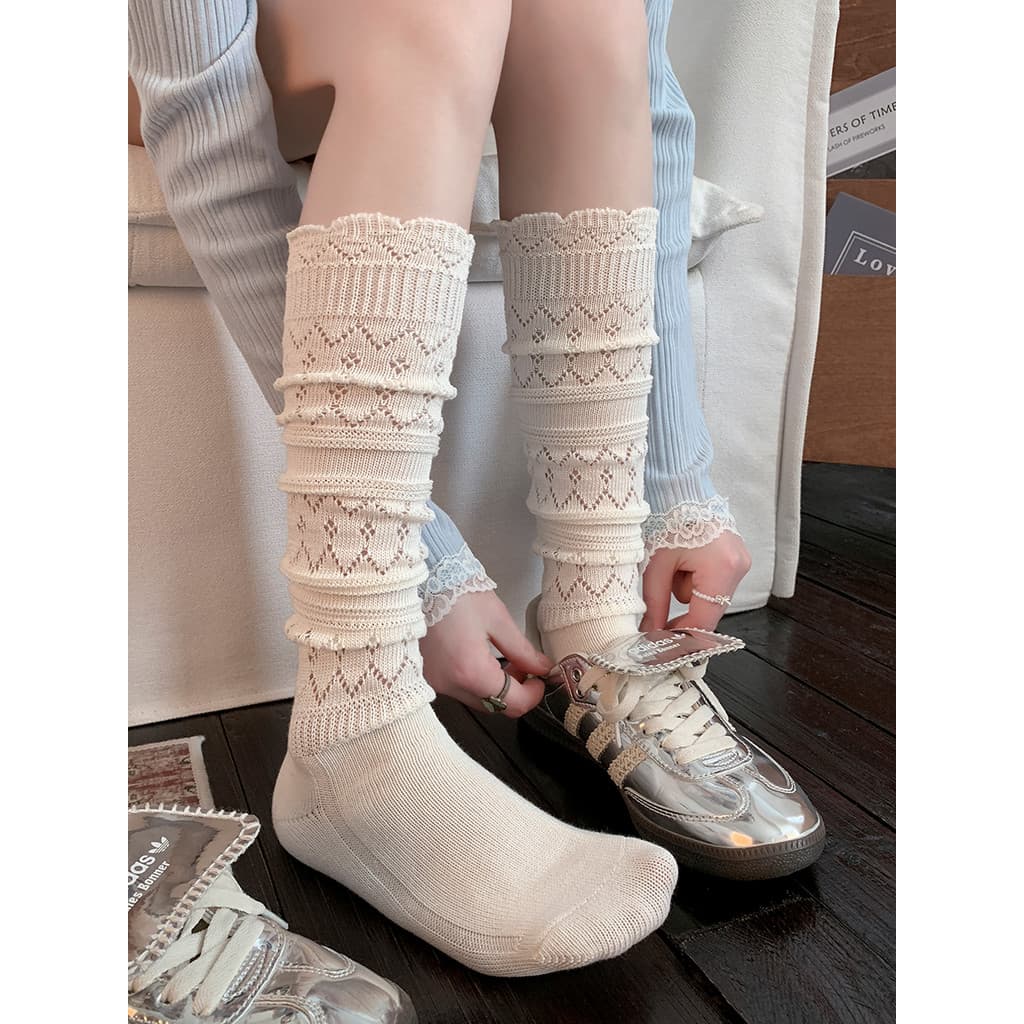 Primavera verão estilo fino oco rendas bezerro meias leite branco estilo Preppy estilo japonês pilha meias primavera out