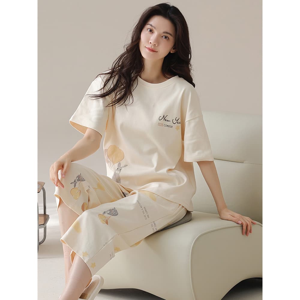 2025 novo estilo pijamas femininos verão puro algodão de manga curta estilo verão senhoras simples pode usar fora Homewe