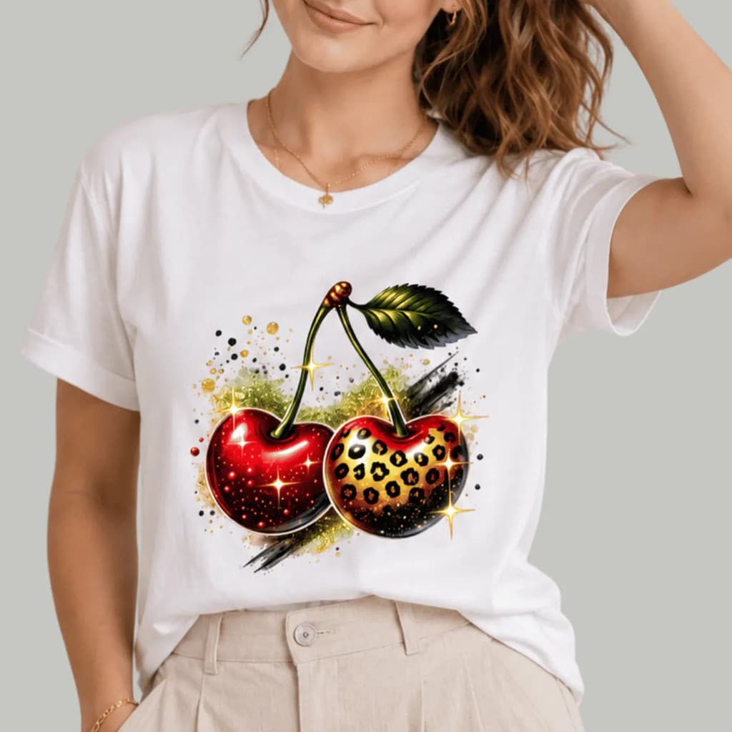 Camiseta Cereja Onça Estilosa Blusa Camisa Casual Moderna