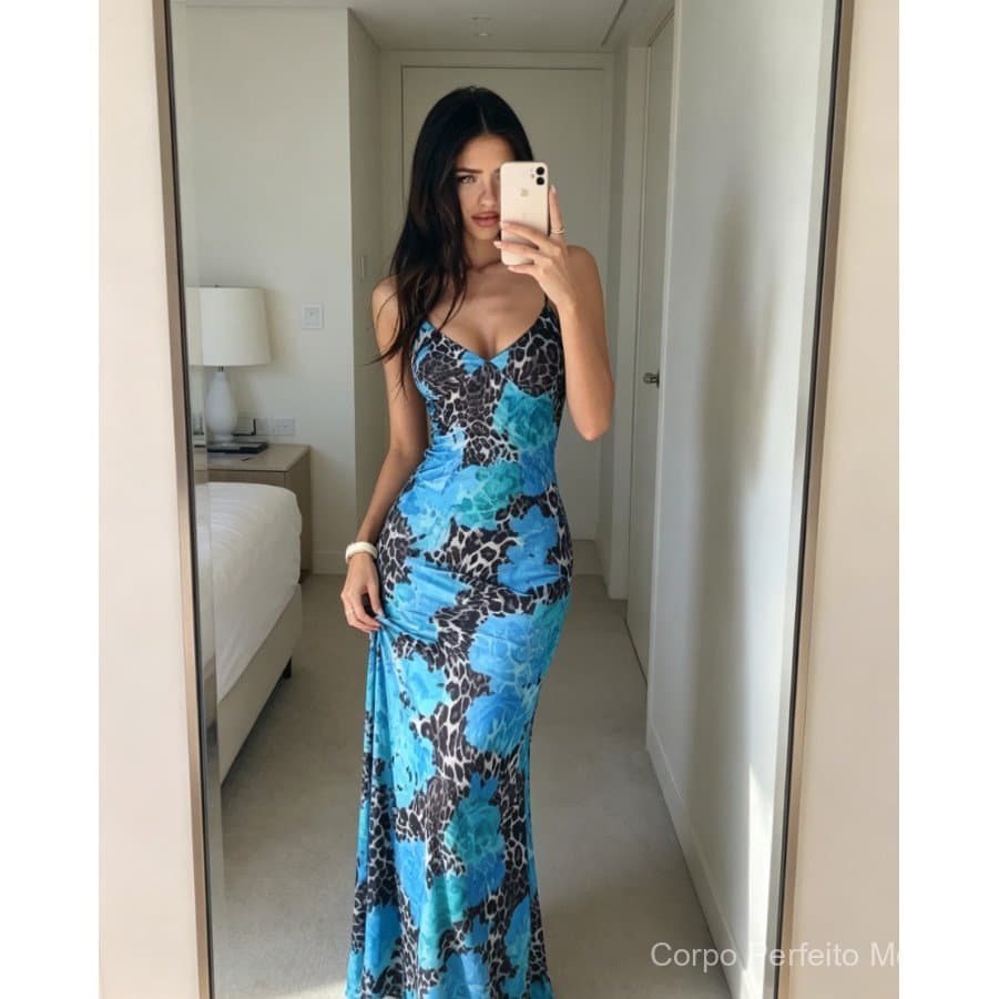 2026 verão novo estilo saia longa feminina estilo de rua elegante fino ajuste impresso Design estilingue vestido feminin
