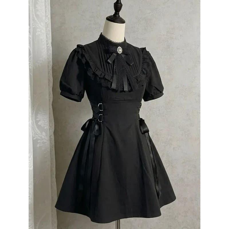 Vestido Mini Gótico Preto Estilo Japonês Harajuku Y2k, Vestido Casual de Manga Curta para Festa, Moda Coreana, Vestido S