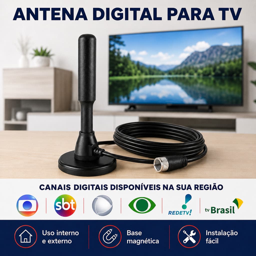 Antena Digital para TV HDTV Interna e Externa Base Magnética Canais Abertos Cabo Coaxial para Conversor