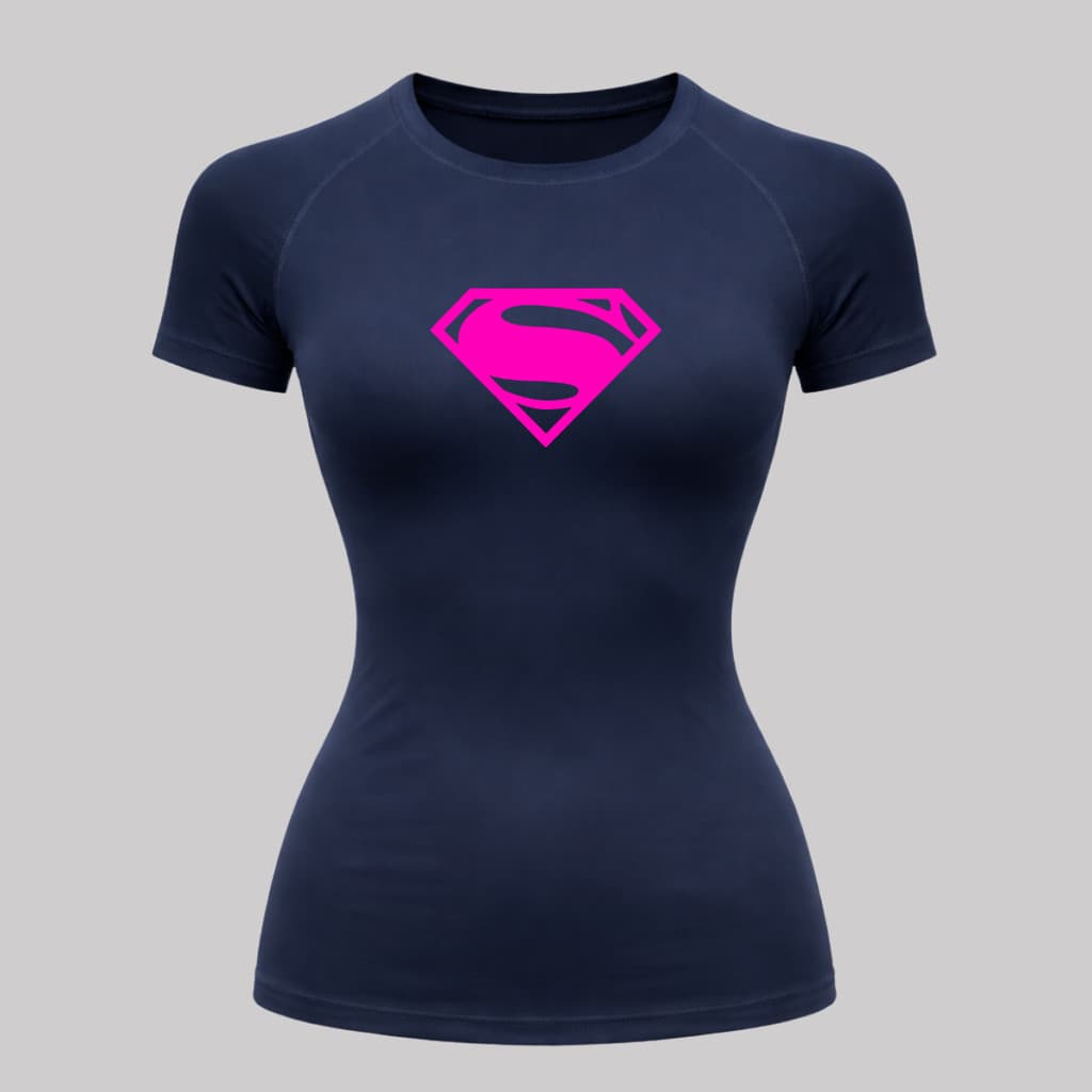 Camiseta Feminina Super Man Proteção UV 50+ Manga Curta Compressão Térmica Rash Guard