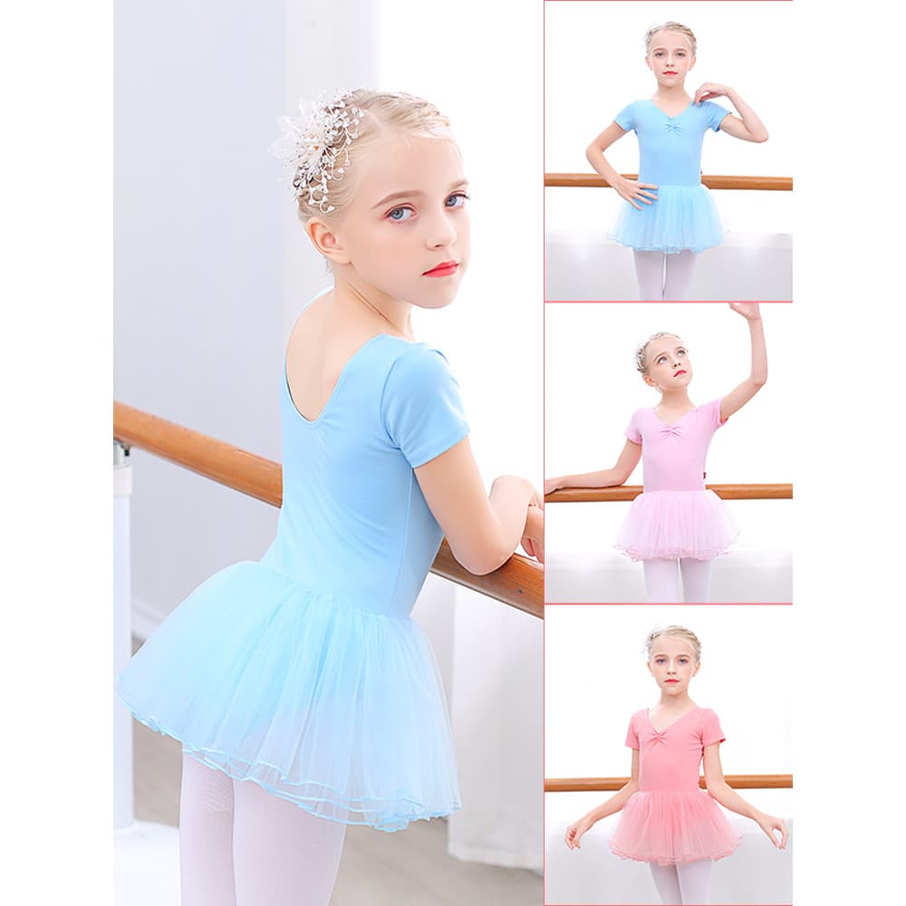 Crianças vestido de balé verão de manga curta vestido de dança dança saia azul meninas vestido de prática de dança chine